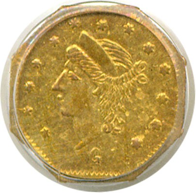 image for: Cal Gold: 1868 25c BG-745 PCGS AU55 *G Mintmark*