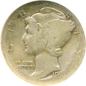 image for: 1916-D 10c ANACS VG8 Details (Damaged)