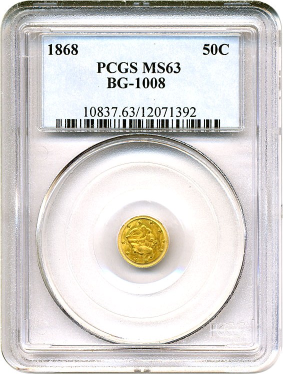 image for: Cal Gold: 1868 50c BG-1008 PCGS MS63 