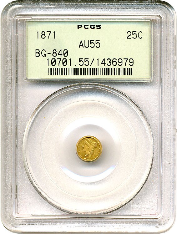 image for: Cal Gold: 1871 25c BG-840 PCGS AU55 