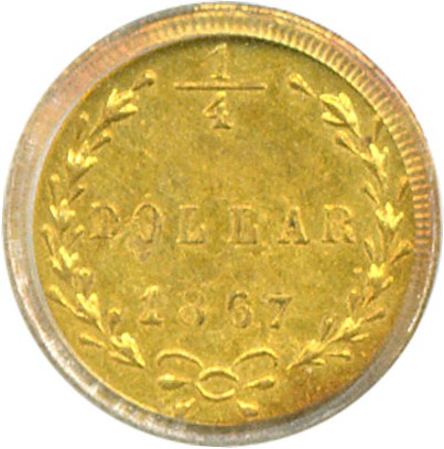 image for: Cal Gold: 1867 25c BG-825 PCGS AU58 