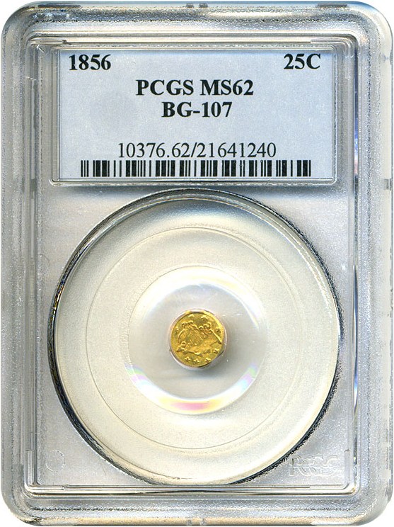 image for: Cal Gold: 1856 25c BG-107 PCGS MS62 