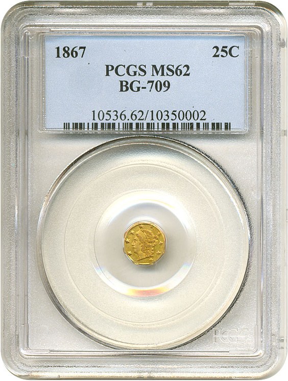 image for: Cal Gold: 1867 25c BG-709 PCGS MS62 
