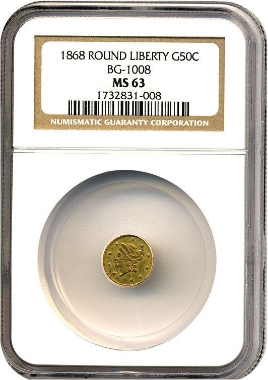 image for: Cal Gold: 1868 50c NGC MS63 (BG-1008) 