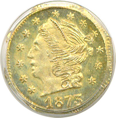image for: Cal Gold: 1873 25c BG-728 PCGS MS63 