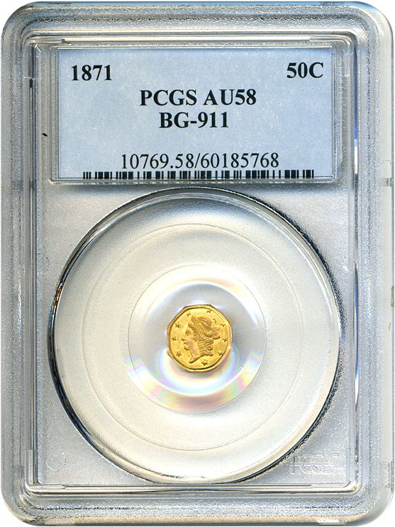 image for: Cal Gold: 1871 50c BG-911 PCGS AU58 
