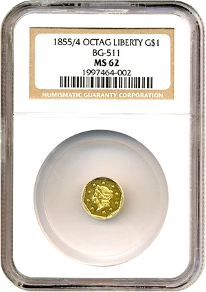 image for: Cal Gold: 1855/4 $1 BG-511 NGC MS62