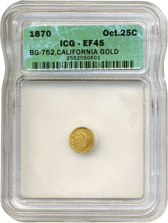 image for: Cal Gold: 1870 25c BG-752 ICG XF45 