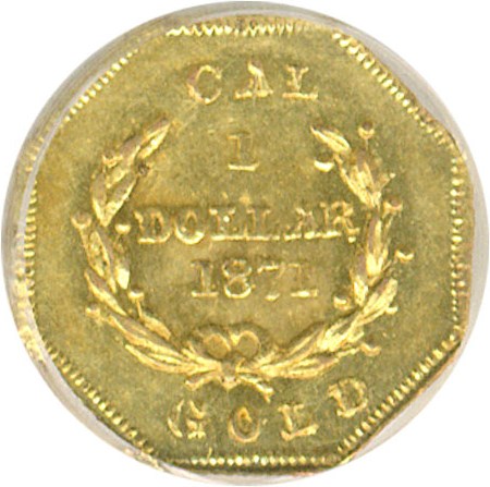 image for: Cal Gold: 1871 $1 BG-1104 NGC MS62