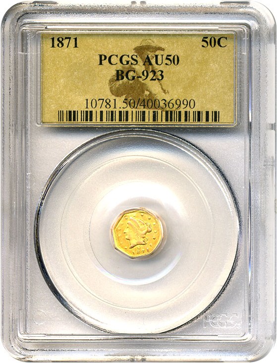 image for: Cal Gold: 1871 50c BG-923 PCGS AU50 