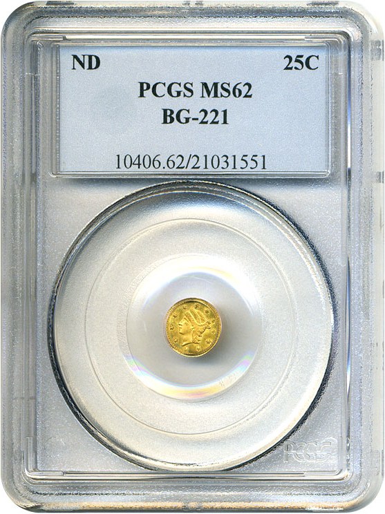 image for: Cal Gold: ND 25c BG-221 PCGS MS62 