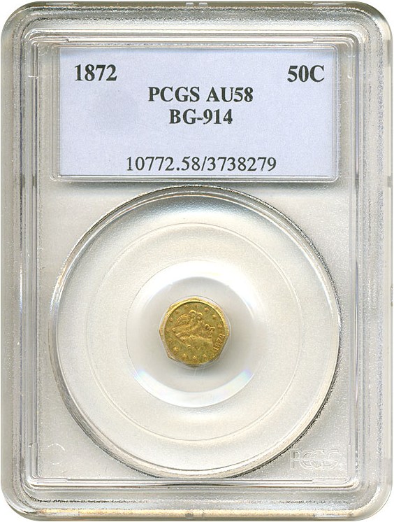 image for: Cal Gold: 1872 50c BG-914 PCGS AU58 