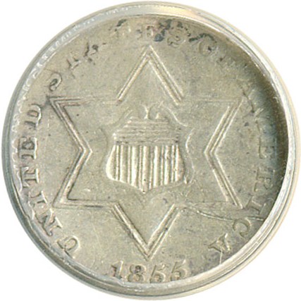 image for: 1855 3cS  ANACS VF20 Details (Repunched Date, Damaged) 