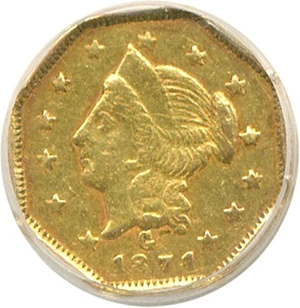 image for: Cal Gold: 1871 $1 BG-1109 NGC AU55