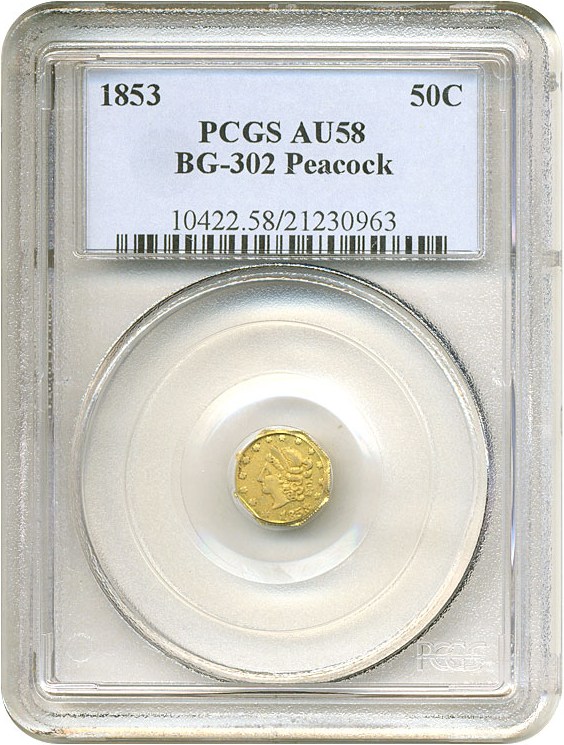 image for: Cal Gold: 1853 50c BG-302 Peacock PCGS AU58 