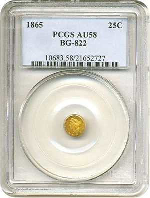 image for: Cal Gold: 1865 25c BG-822 PCGS AU58