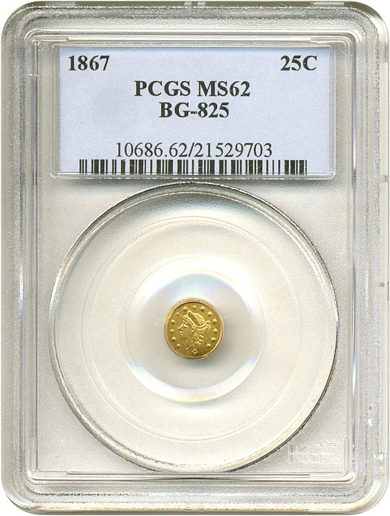 image for: Cal Gold: 1867 25c BG-825 PCGS MS62 