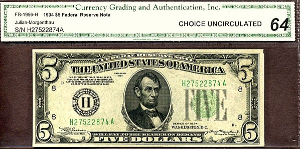 image for: Fr.1956H 1934 $5 Dark Green Seal CGA Choice CU64  [H27522874A]