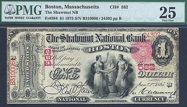 image for: Fr.384 1875 $1 1st Charter Period PMG VF25 #582 Massachusetts [B310006]