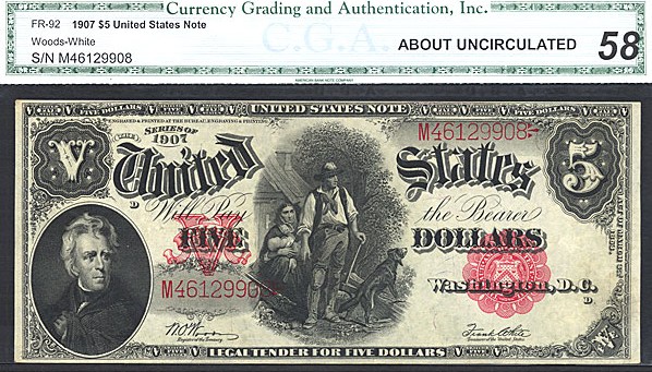 image for: Fr.92 1907 $5 Woodchopper CGA AU58  [M46129908]