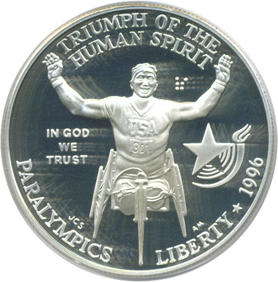 image for: 1996-P $1 Paralympic Wheelchair PCGS Proof 69 DCameo