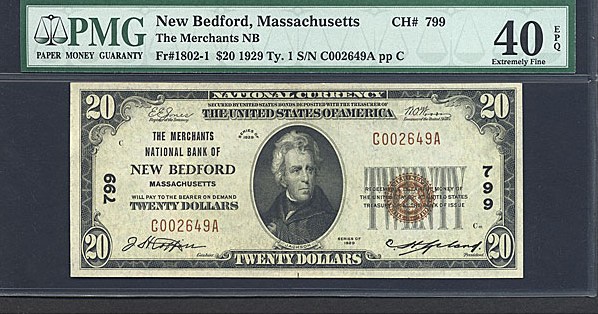 image for: Fr.1802-1 1929 $20  PMG XF40 #799 Massachusetts [C002649A]
