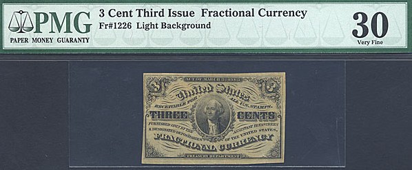 image for: Fractional Currency: Fr.1226  3-Cent Head of George Washington. PMG VF30  [1105277002]