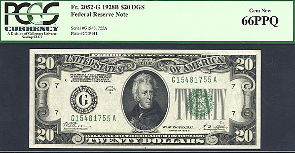 image for: Fr.2052G 1928B $20  PCGS Gem CU66 PPQ  [G1541755A]