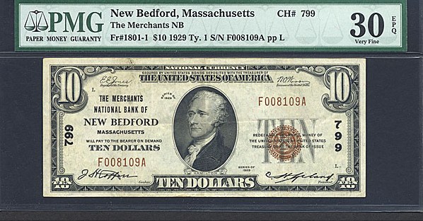 image for: Fr.1801-1 1929 $10 Type 1 PMG VF30 #799 Massachusetts [F008109A]