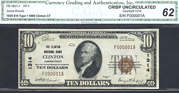 image for: Fr.1801-1 1929 $10 Type 1 CGA CU62 #1314 Connecticut [F000001A]