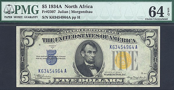 image for: Fr.2307 1934A $5 North Africa PMG Choice CU64 EPQ  [K63454964A]