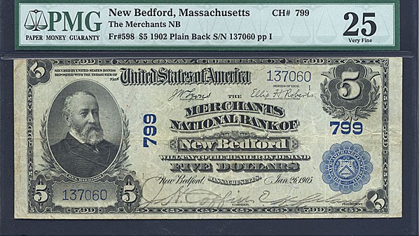 image for: Fr.598 1902 $5 Third Charter Period, 3rd Issue, Plain Back PMG VF25 #799 Massachusetts [137060]