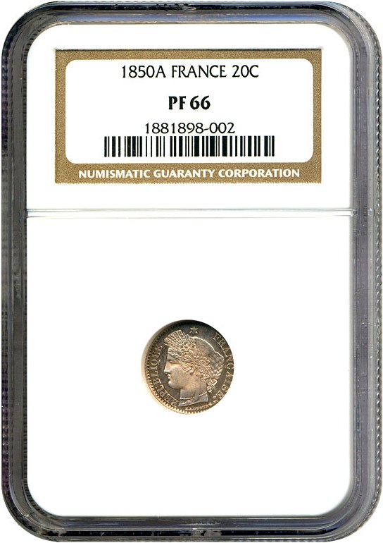 image for: France: 1850A 20 Centime NGC Proof 66