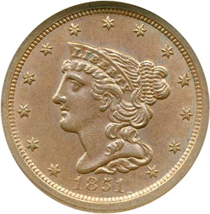 image for: 1851 1/2c NGC MS64 BN (C-1)