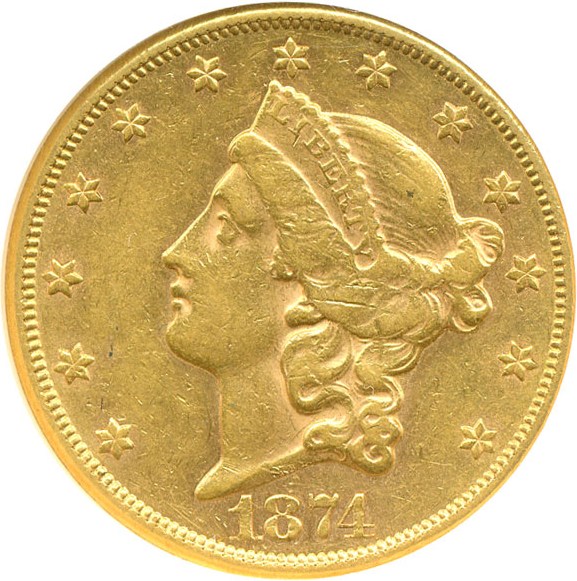image for: 1874-CC $20  NGC AU55 