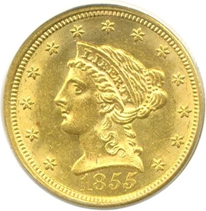 image for: 1855 $2 1/2 PCGS/CAC MS62