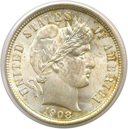 image for: 1908 10c  PCGS MS65