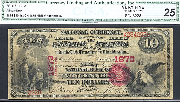 image for: Fr.416 1875 $10 1st Charter Period CGA VF25 #1873 Indiana [2338]