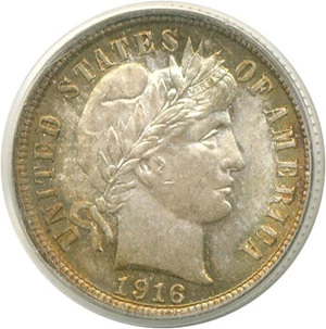 image for: 1916 10c Barber PCGS MS65