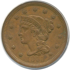 image for: 1855 1c Upright 55 PCGS AU58 BN
