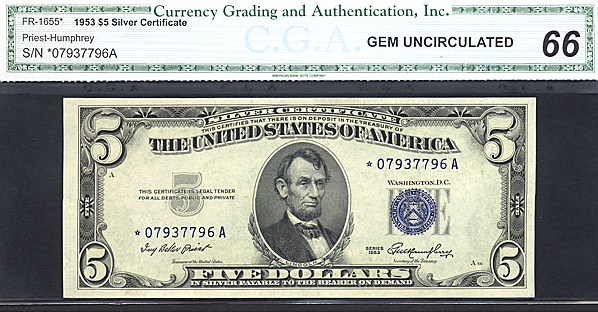 image for: Fr.1655 1953 $5 Blue Seal and Serial Numbers CGA Gem CU66  [07937796A] *Star* 