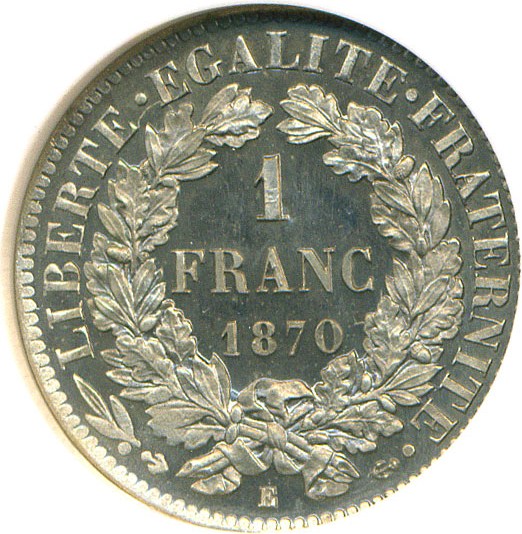 image for: 1870 Essai France Franc NGC MS66 (Maz-2127 Var. Nickel) 