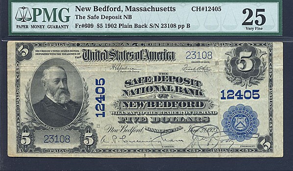 image for: Fr.609 1902 $5 Third Charter Period, 3rd Issue, Plain Back PMG VF25 #12405 Massachusetts [23108]