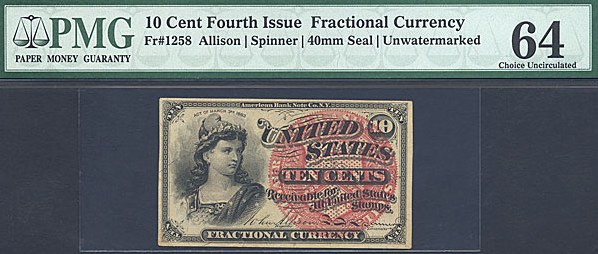image for: Fractional Currency: Fr.1258  10-Cent Bust of Liberty. PMG Choice CU64  [1105274015]
