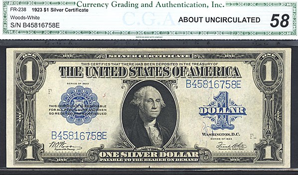 image for: Fr.238 1923 $1  CGA AU58  [B45816758E]