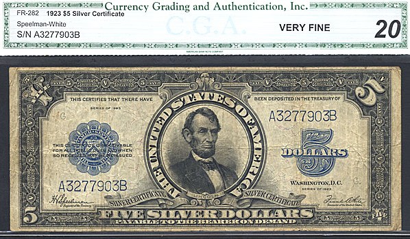 image for: Fr.282 1923 $5 Porthole CGA VF20  [A3277903B]