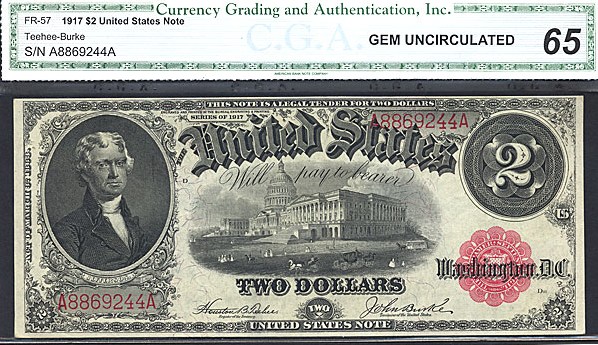 image for: Fr.57 1917 $2 Bracelet Reverse CGA Gem CU65  [A8869244A]