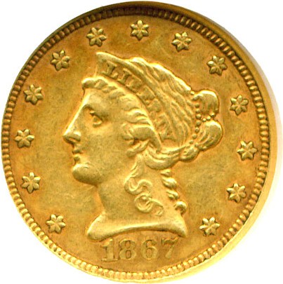 image for: 1867-S $2 1/2  NGC/CAC AU55 