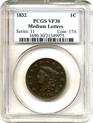 image for: 1832 1c Medium Letters PCGS VF30