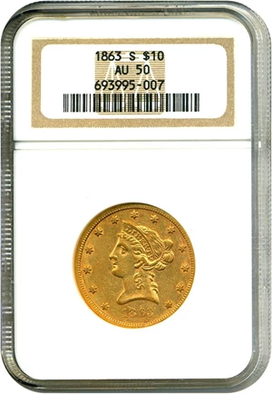 image for: 1863-S $10 NGC AU50
